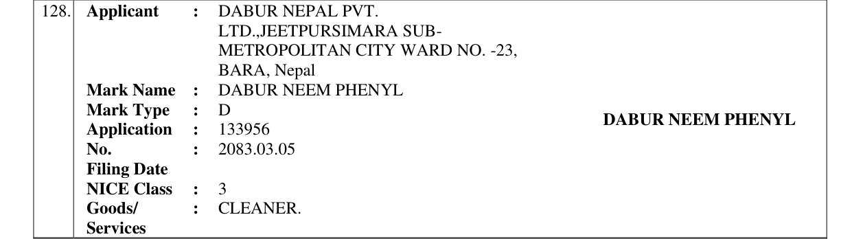 Original bulletin entry for DABUR NEEM PHENYL
