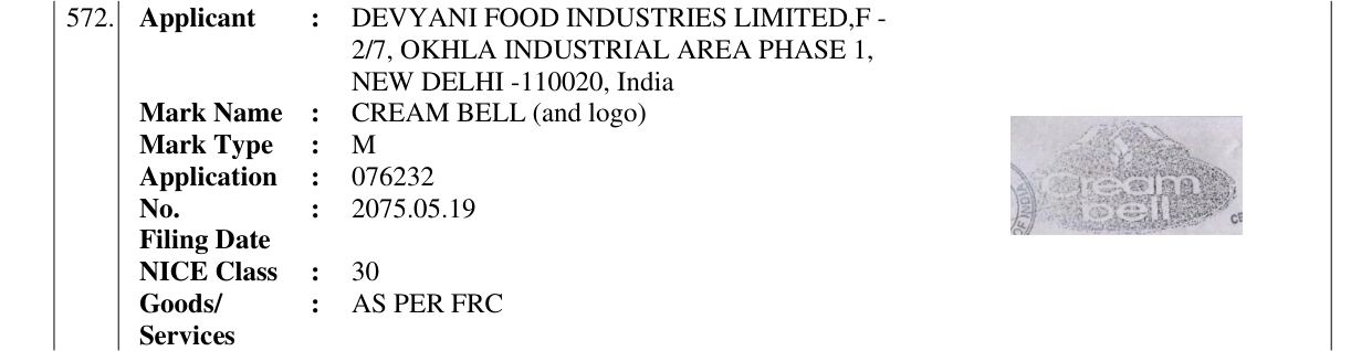 Original bulletin entry for CREAM BELL (and logo)
