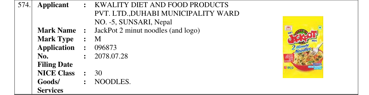 Original bulletin entry for JackPot 2 minut noodles (and logo)