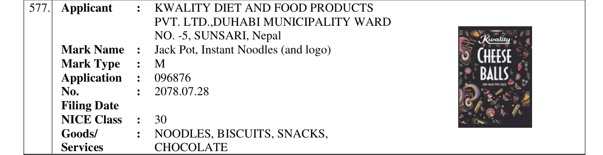 Original bulletin entry for Jack Pot, Instant Noodles (and logo)