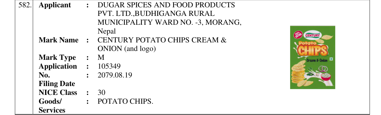 Original bulletin entry for CENTURY POTATO CHIPS CREAM & ONION (and logo)