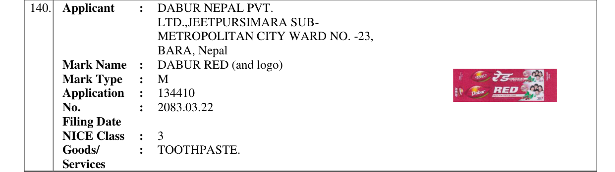 Original bulletin entry for DABUR RED (and logo)