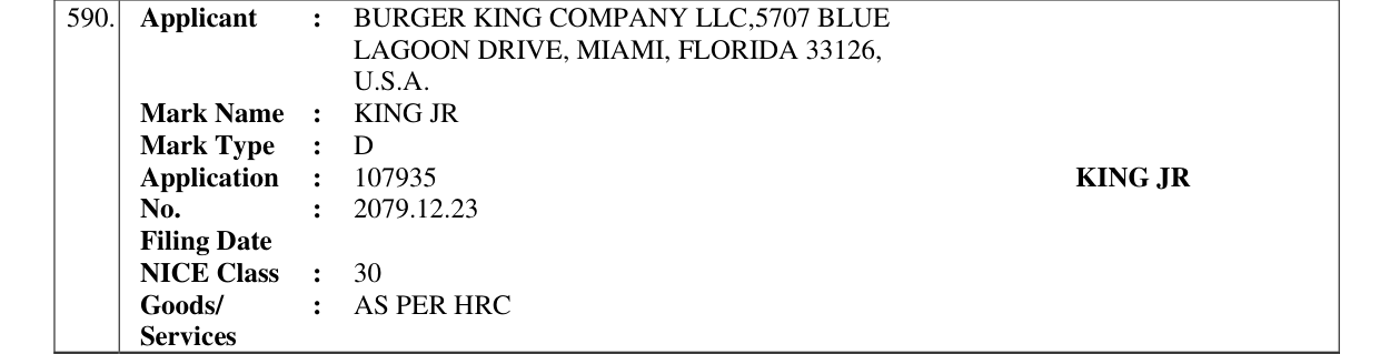 Original bulletin entry for KING JR