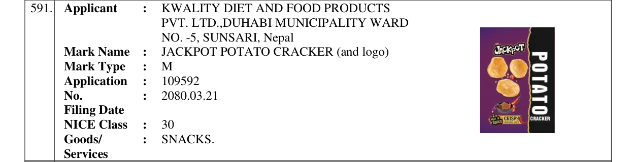Original bulletin entry for JACKPOT POTATO CRACKER (and logo)