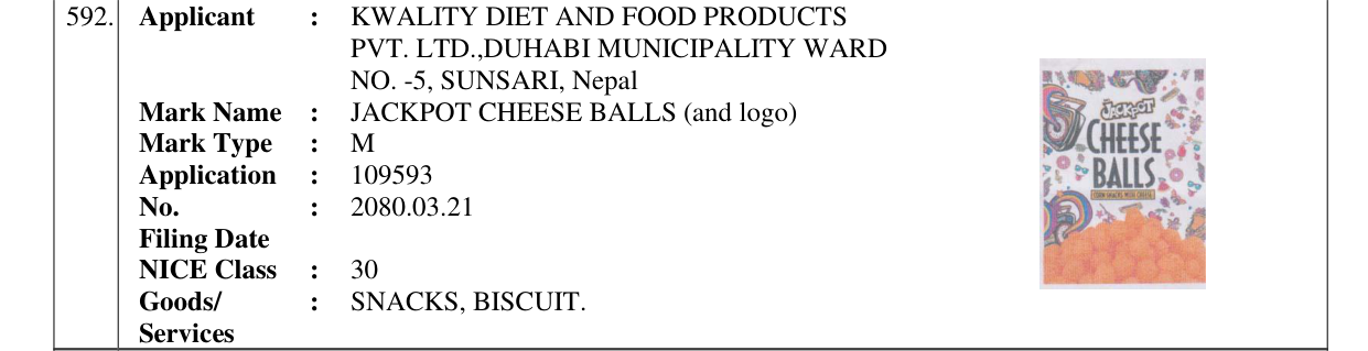 Original bulletin entry for JACKPOT CHEESE BALLS (and logo)