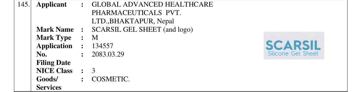Original bulletin entry for SCARSIL GEL SHEET (and logo)