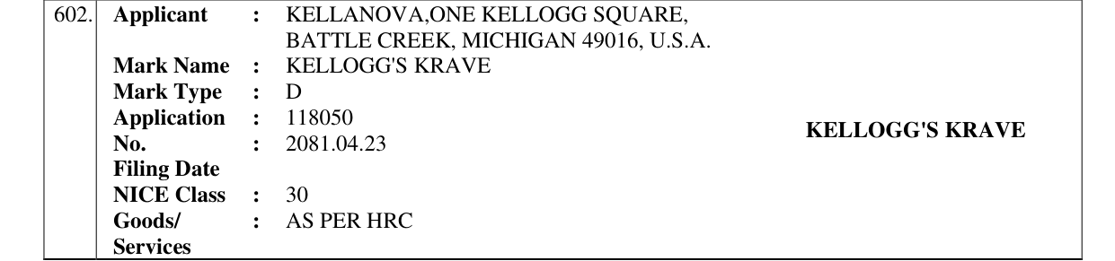 Original bulletin entry for KELLOGG'S KRAVE