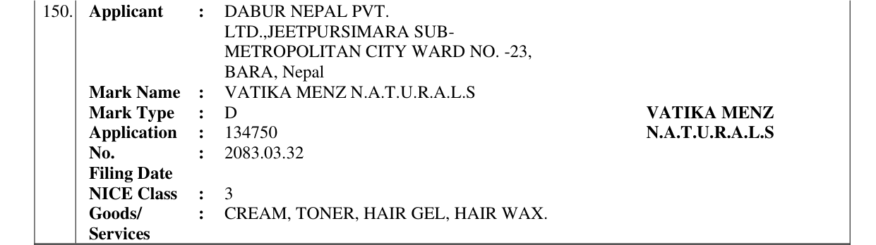 Original bulletin entry for VATIKA MENZ N.A.T.U.R.A.L.S