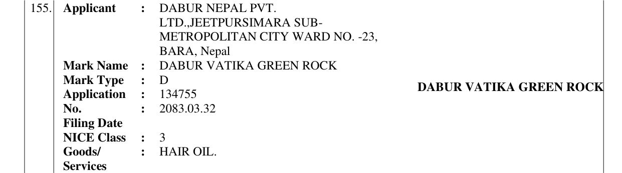 Original bulletin entry for DABUR VATIKA GREEN ROCK