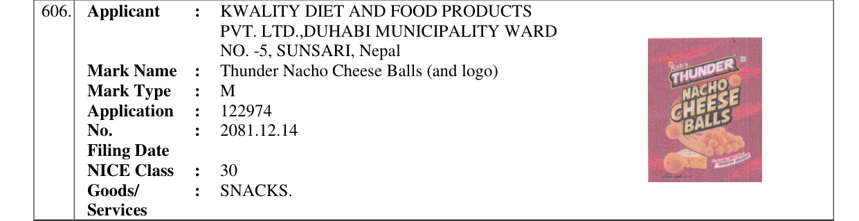 Original bulletin entry for Thunder Nacho Cheese Balls (and logo)