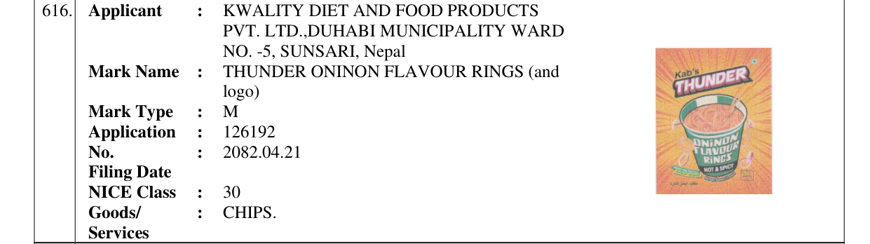 Original bulletin entry for THUNDER ONINON FLAVOUR RINGS (and logo)