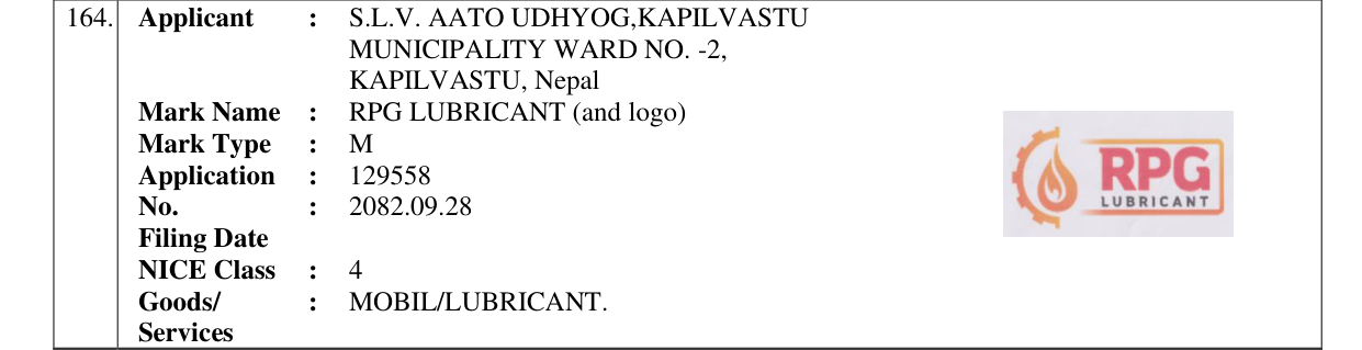 Original bulletin entry for RPG LUBRICANT (and logo)
