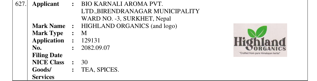 Original bulletin entry for HIGHLAND ORGANICS (and logo)