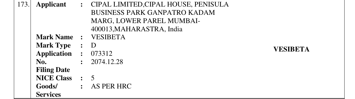 Original bulletin entry for VESIBETA
