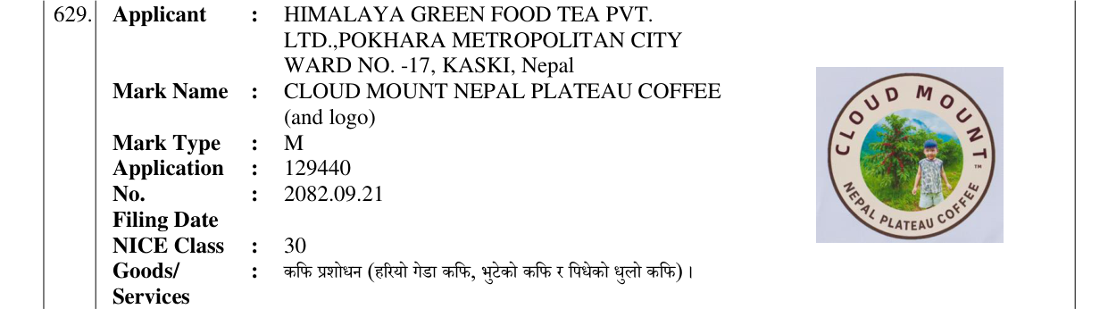 Original bulletin entry for CLOUD MOUNT NEPAL PLATEAU COFFEE (and logo)