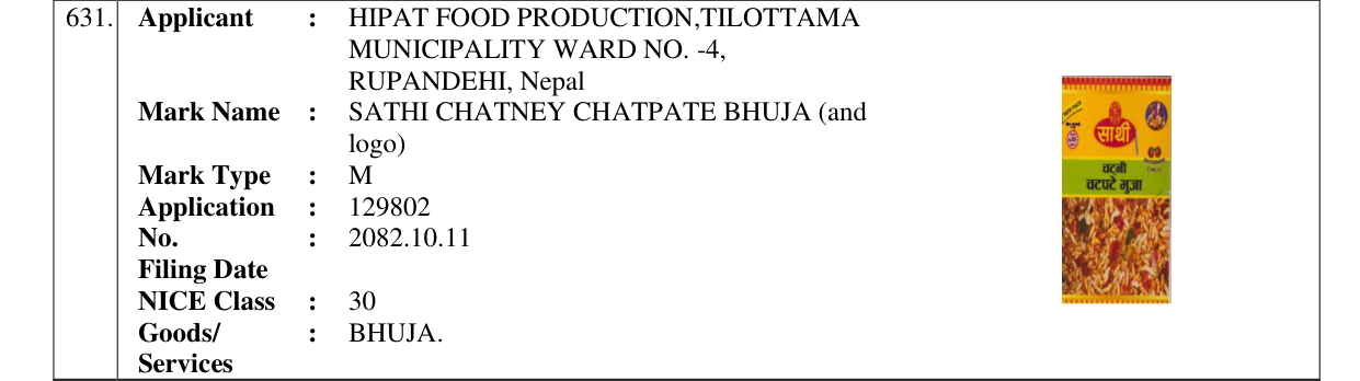 Original bulletin entry for SATHI CHATNEY CHATPATE BHUJA (and logo)