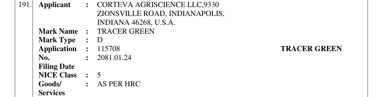Original bulletin entry for TRACER GREEN