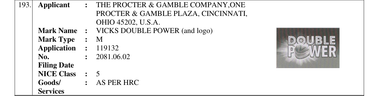 Original bulletin entry for VICKS DOUBLE POWER (and logo)