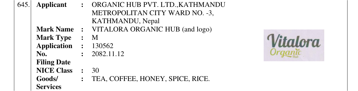 Original bulletin entry for VITALORA ORGANIC HUB (and logo)