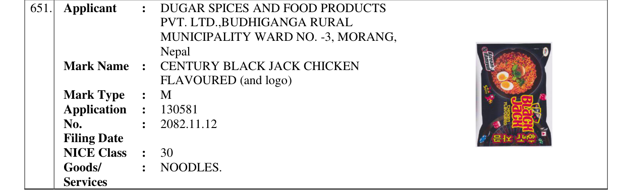 Original bulletin entry for CENTURY BLACK JACK CHICKEN FLAVOURED (and logo)