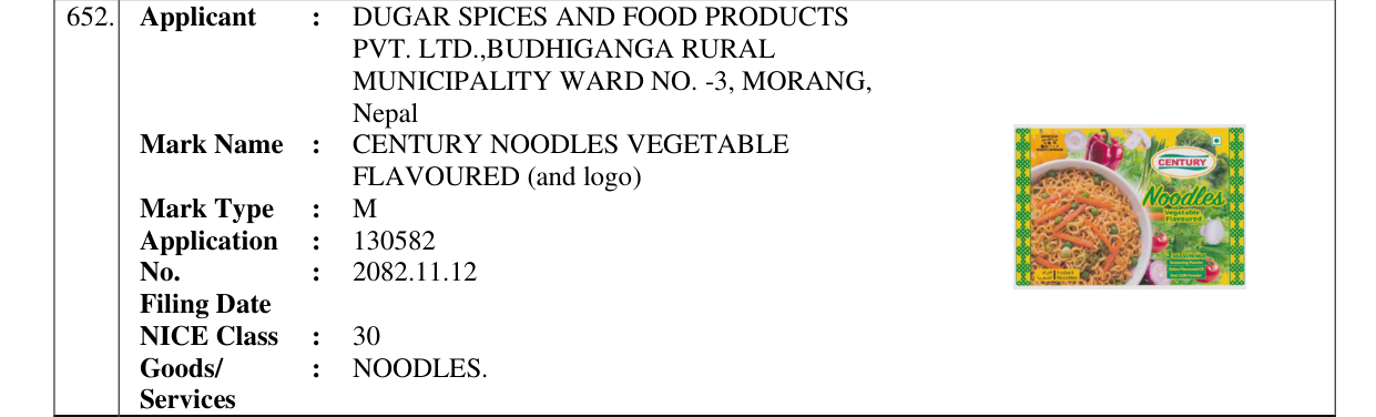 Original bulletin entry for CENTURY NOODLES VEGETABLE FLAVOURED (and logo)