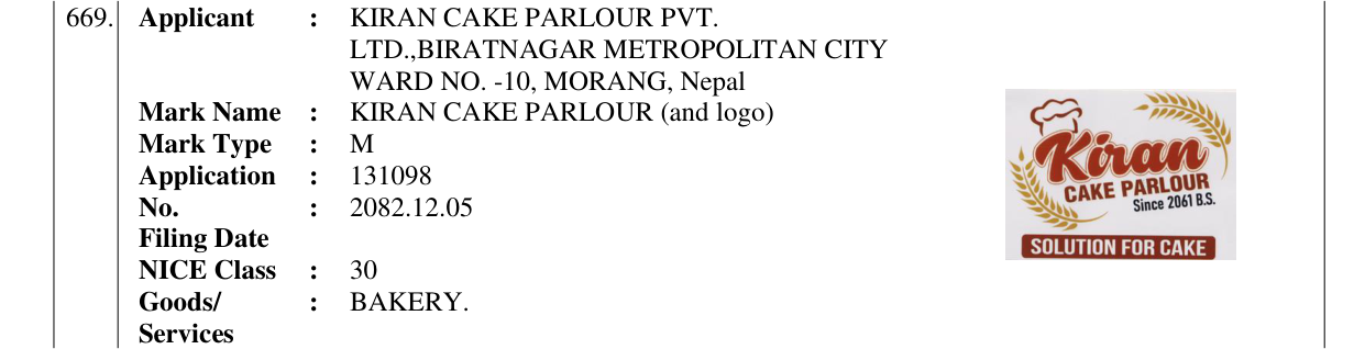 Original bulletin entry for KIRAN CAKE PARLOUR (and logo)