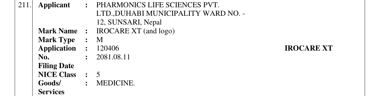 Original bulletin entry for IROCARE XT (and logo)