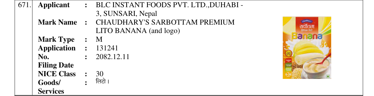 Original bulletin entry for CHAUDHARY'S SARBOTTAM PREMIUM LITO BANANA (and logo)