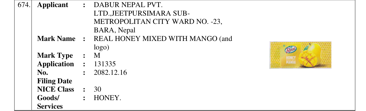 Original bulletin entry for REAL HONEY MIXED WITH MANGO (and logo)