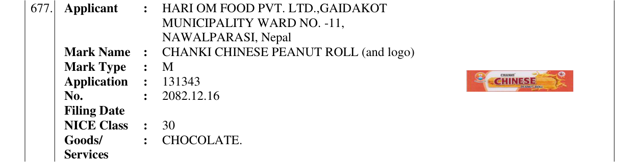 Original bulletin entry for CHANKI CHINESE PEANUT ROLL (and logo)