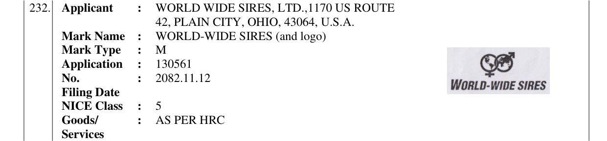 Original bulletin entry for WORLD-WIDE SIRES (and logo)