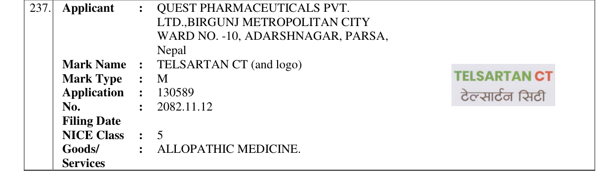 Original bulletin entry for TELSARTAN CT (and logo)