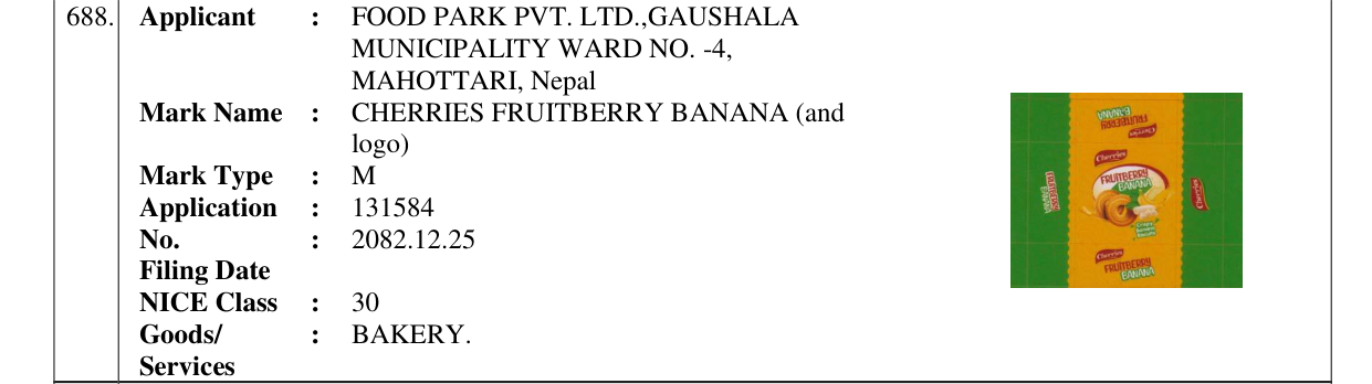 Original bulletin entry for CHERRIES FRUITBERRY BANANA (and logo)