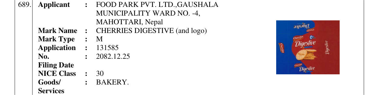 Original bulletin entry for CHERRIES DIGESTIVE (and logo)