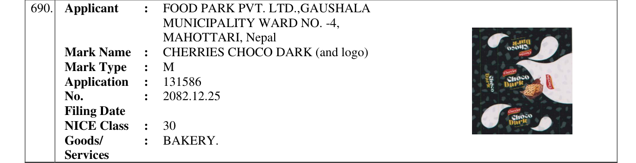 Original bulletin entry for CHERRIES CHOCO DARK (and logo)