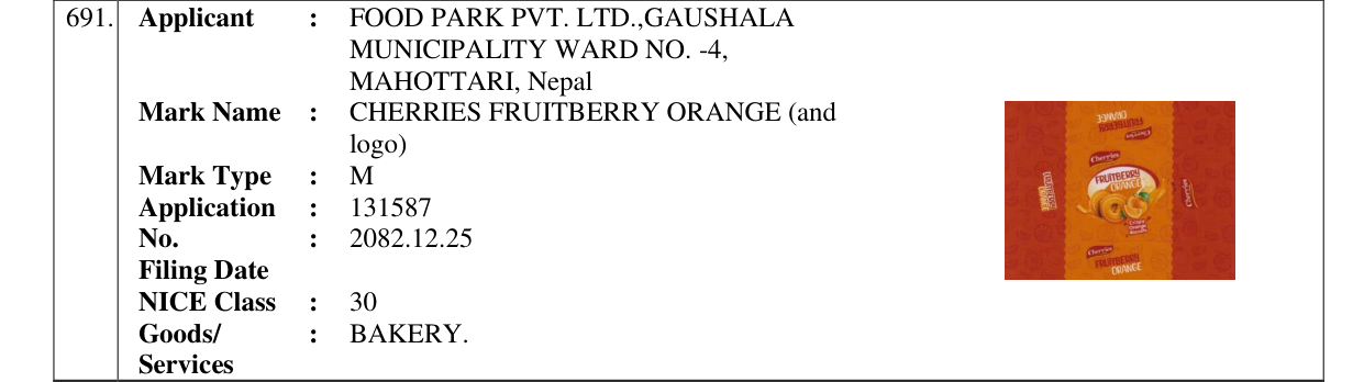 Original bulletin entry for CHERRIES FRUITBERRY ORANGE (and logo)