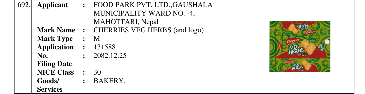 Original bulletin entry for CHERRIES VEG HERBS (and logo)