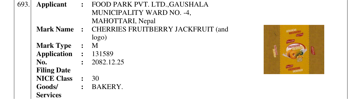 Original bulletin entry for CHERRIES FRUITBERRY JACKFRUIT (and logo)