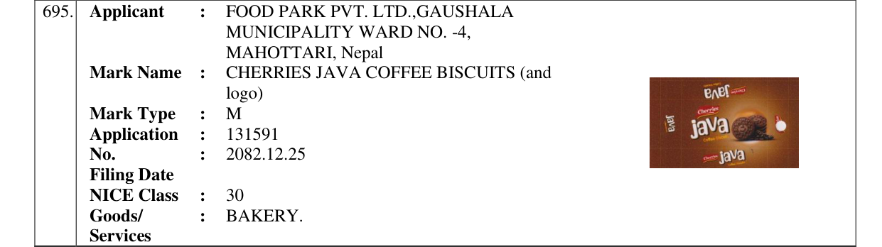 Original bulletin entry for CHERRIES JAVA COFFEE BISCUITS (and logo)