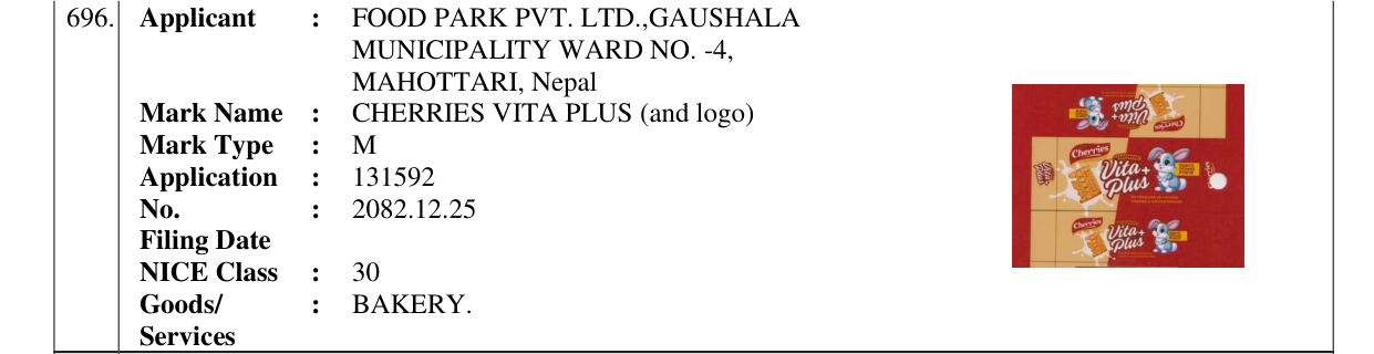 Original bulletin entry for CHERRIES VITA PLUS (and logo)