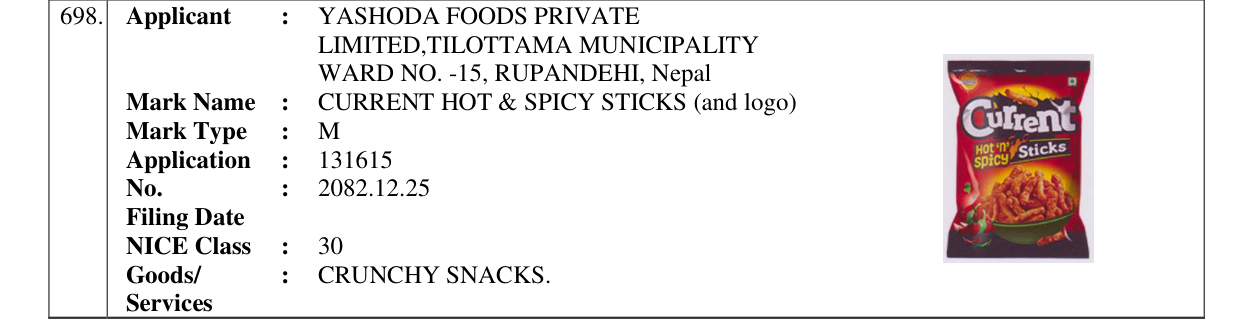 Original bulletin entry for CURRENT HOT & SPICY STICKS (and logo)