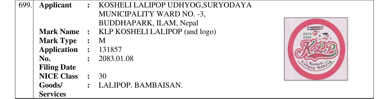 Original bulletin entry for KLP KOSHELI LALIPOP (and logo)