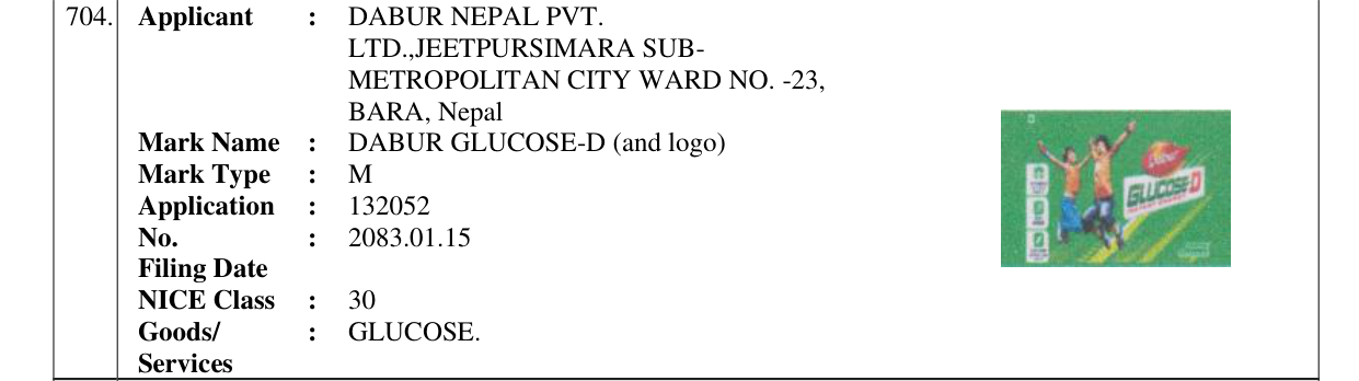 Original bulletin entry for DABUR GLUCOSE-D (and logo)
