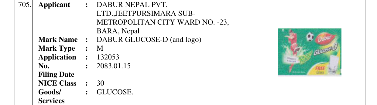 Original bulletin entry for DABUR GLUCOSE-D (and logo)