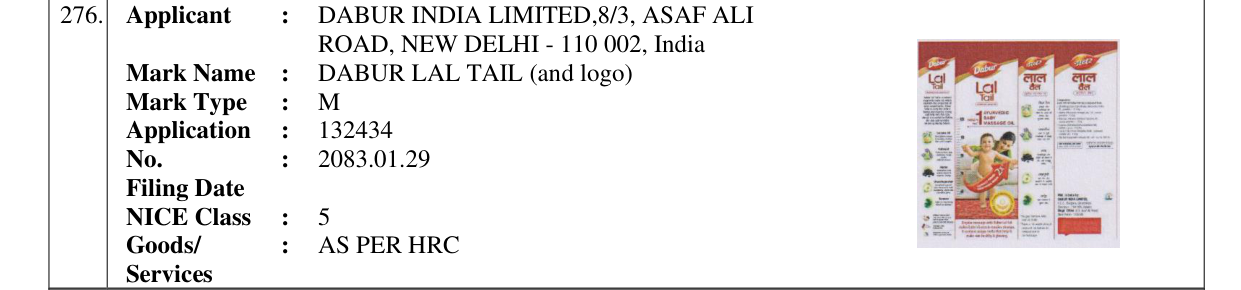 Original bulletin entry for DABUR LAL TAIL (and logo)