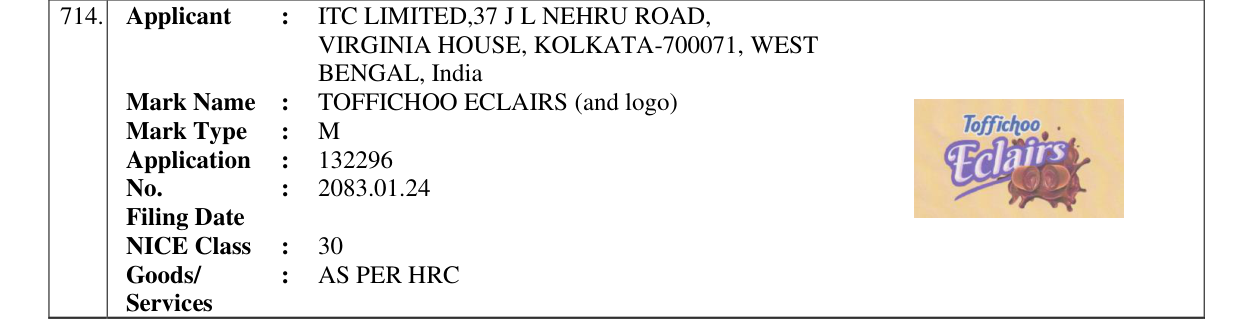 Original bulletin entry for TOFFICHOO ECLAIRS (and logo)