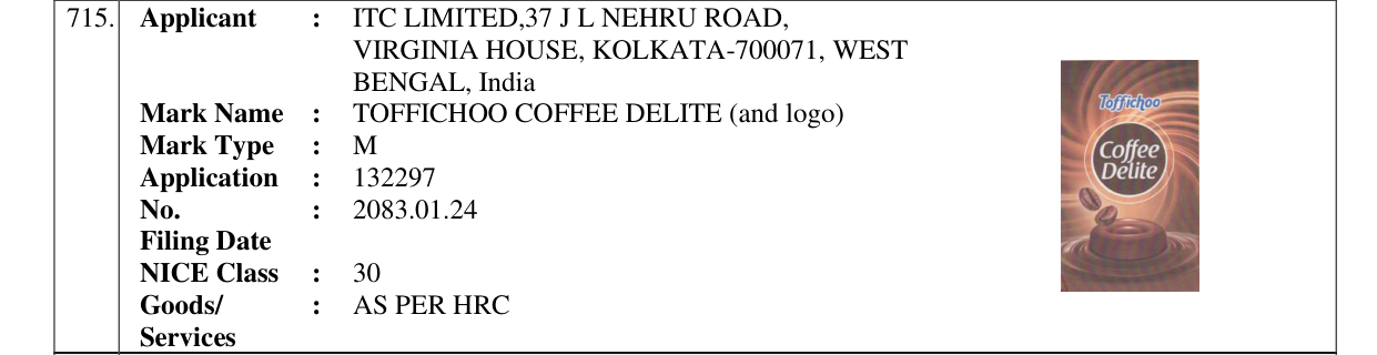 Original bulletin entry for TOFFICHOO COFFEE DELITE (and logo)