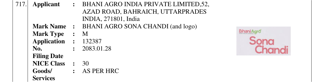 Original bulletin entry for BHANI AGRO SONA CHANDI (and logo)