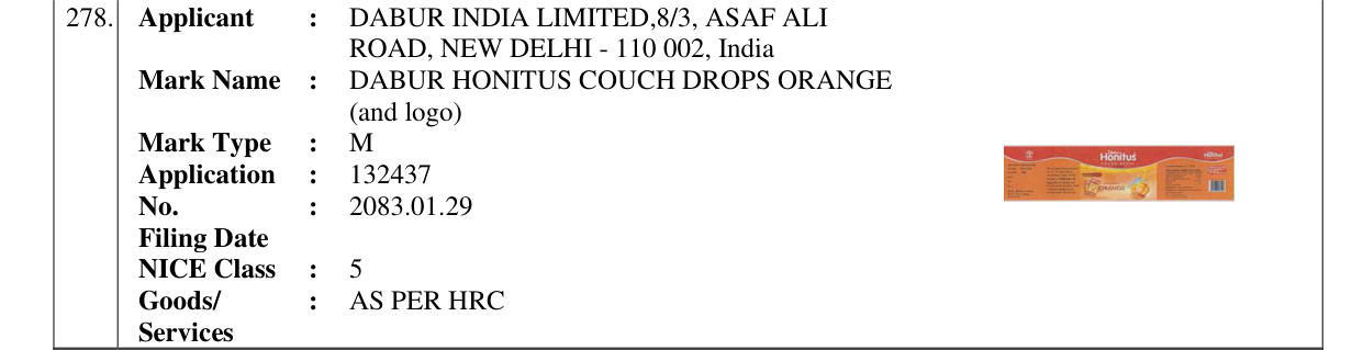 Original bulletin entry for DABUR HONITUS COUCH DROPS ORANGE (and logo)