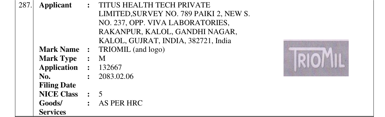 Original bulletin entry for TRIOMIL (and logo)
